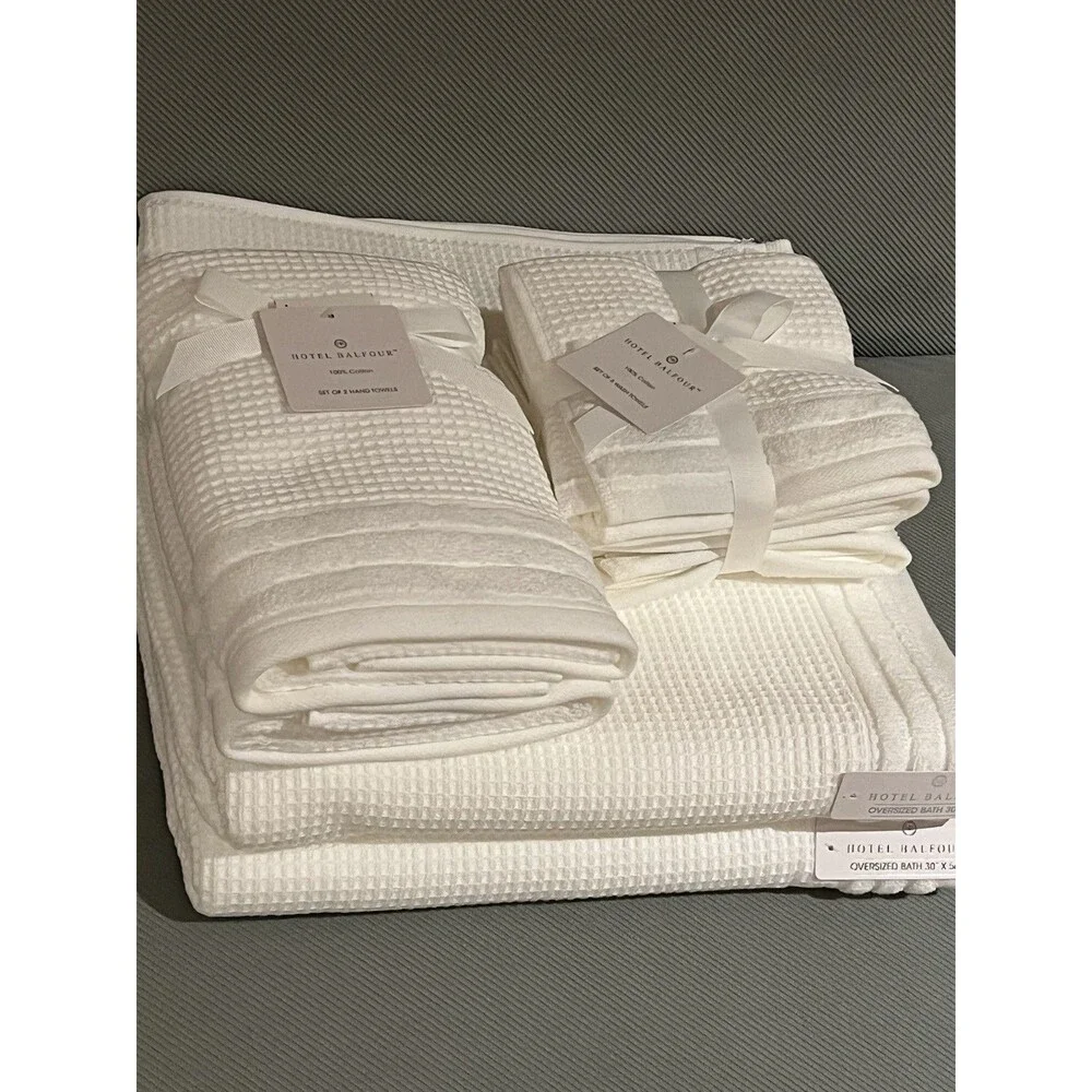 Hotel Balfour Bath Towel Set White Waffle Textured Cotton 9 Piece Set NEW